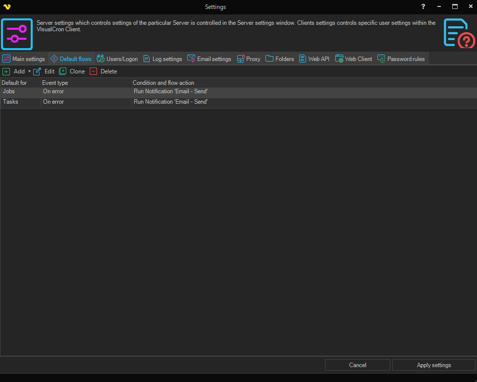 settings-default-flows | VisualCron Documentation