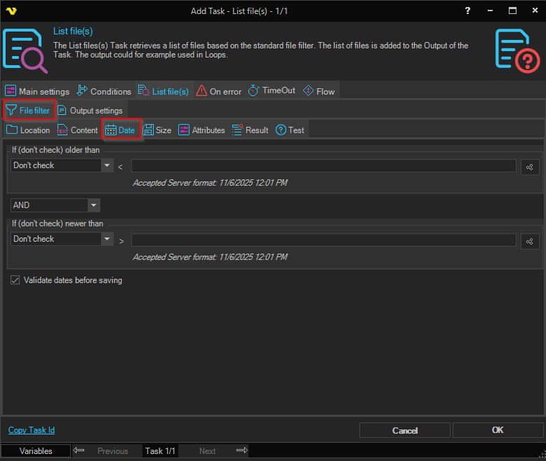 Testing File Filters job-tasks-file-filter | VisualCron Documentation