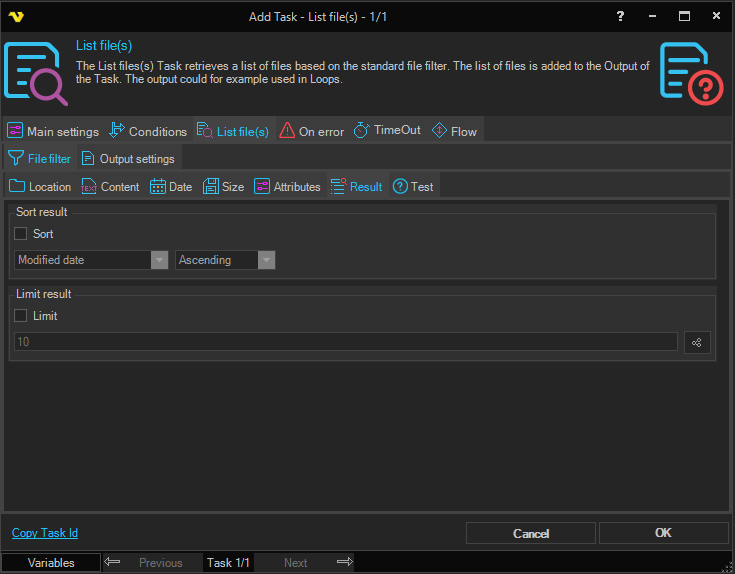 job-tasks-file-filter | VisualCron Documentation