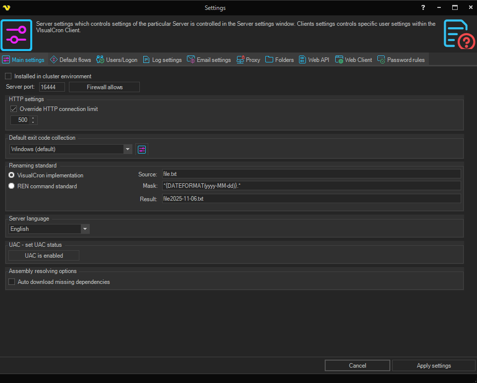 main-settings | VisualCron Documentation