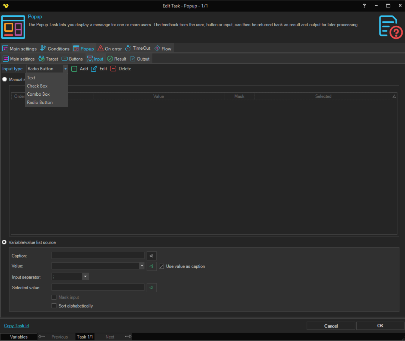 popup | VisualCron Documentation