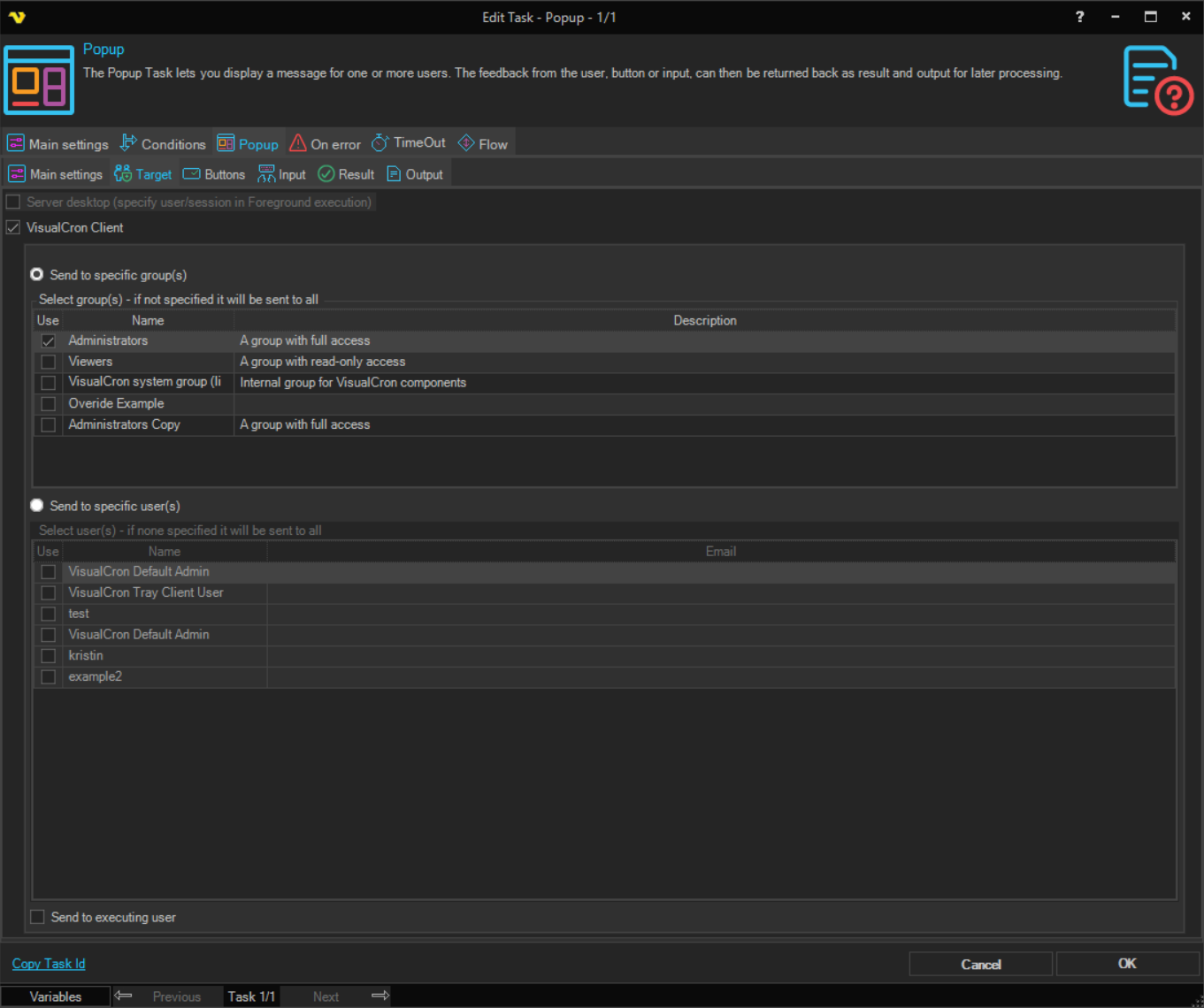 popup | VisualCron Documentation